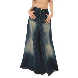 Generic Denim Skirt Womens Long Maxi Skirt with Pockets, Jeans Skirt Blue Midi High Waist Casual Skirts A Line Large Sizes Wrap Skirt for Women Skirt Denim Pl