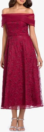 Betsy & Adam Embroidered Off the Shoulder Midi Gown in Wine at Nordstrom, Size 12