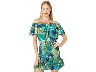 Bebe Off-the-Shoulder Ruffle Dress Womens Clothing Jungle Palm : MD, Spandex/Polyester