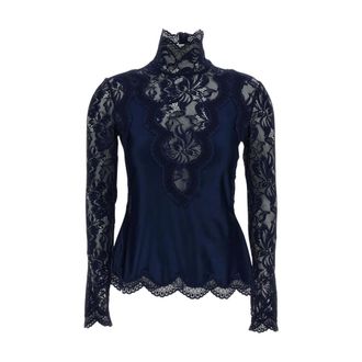 Paco Rabanne Lace Turtleneck Top - female - Rabanne - Blouses - Blue - S - Blouses & Shirts