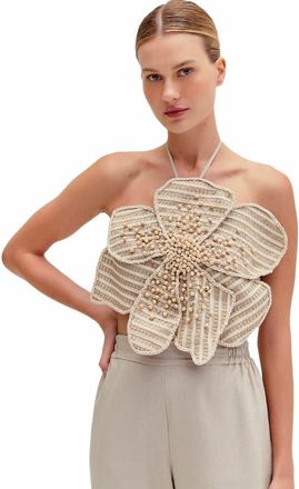 PatBo Candy Linen Hand-Beaded Flower Top in Natural at Nordstrom, Size X-Small