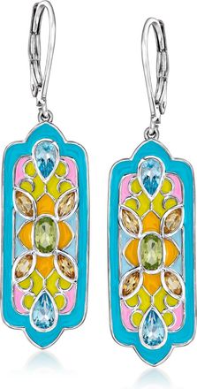 Ross-Simons Multi-Gemstone and Multicolored Enamel Floral Drop Earrings in Sterling Silver