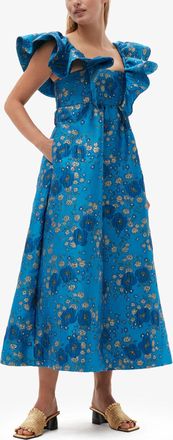 Ganni 3D Jacquard Ruffle Midi Dress - Size 34 Blue