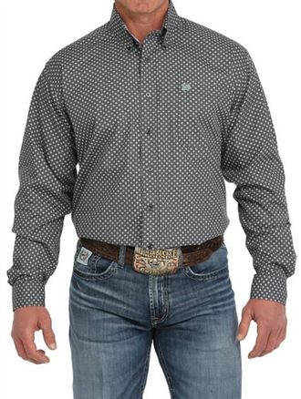 Cinch Mens Geo Print Classic Button Down Woven Shirt In Grey/blue