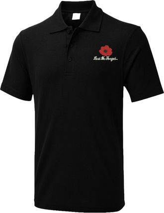 Generic Embroidered Lest We Forget Unisex Adults Polo T Shirt, Poppy Flower, Armed Forces Day Polo T Shirt, British Veterans Supportive Polo T Shirt Black