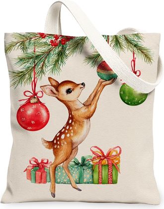 Generic Christmas Deer Canvas Tote Bags, Festive Animal Pattern Reusable Grocery Bags, Holiday Lightweight Washable Shoulder Strap, Cream, 13x15 Inch