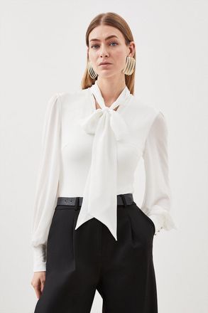Karen Millen Womens Jersey Ponte And Georgette Mix Tie Neck Long Sleeve Bodysuit - White Viscose - Size X-Small