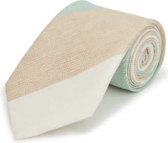 Oliver Brown Silk and Linen Block Stripe Tie - Green