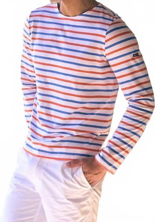 Saint James Minquiers Modern Long Sleeve Tee In White/orange/mer Blue