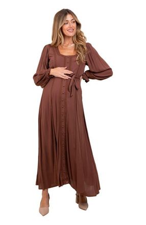 Pinkblush Lace Detail Button Down Maxi Dress in Brown at Nordstrom, Size Medium