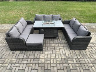 Fimous Rattan Furniture Garden Dining Set Gas Fire Pit Table With 3 Seater Sofa Footstool Dark Grey Mixed