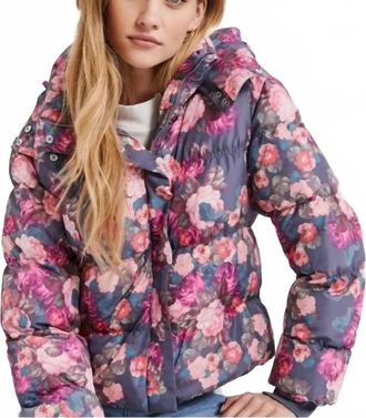 Something Navy Floral Hooded Puffer Jacket In Pink Combo