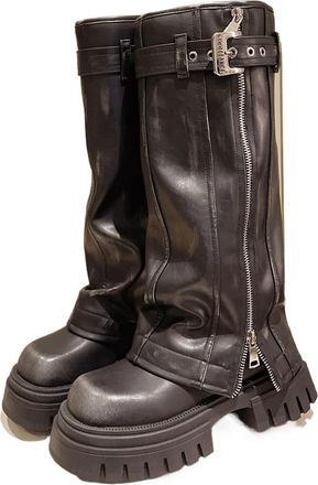 Generic Platform Fold Knee High Boots For Women Punk Belt Buckle Square Toe Zipper Trouser Boots Goth Shoes For Women(Black,US12)