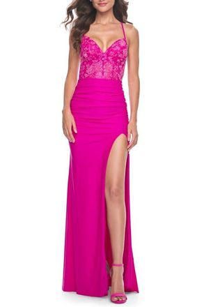 La Femme Neon Illusion Lace Bodice Prom Dress with Rhinestones in Hot Fuchsia at Nordstrom, Size 12