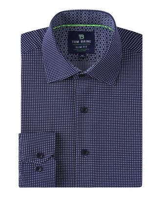 Tom Baine Men Slim Fit Performance Long Sleeve Geometric Casual Button Down Shirt, Navy Geo, Medium