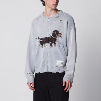 Miharayasuhiro Cardigan jacquard con bassotto in misto cotone distressed