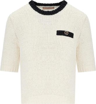 Twinset Wit Zwart Geknipte Gebreide Top - Dames - Ronde hals truien - Wit - XS - Katoen - Truien & Vesten