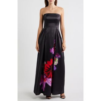 Eliza J Placed Floral Strapless Satin Ballgown in Black Multi at Nordstrom, Size 14