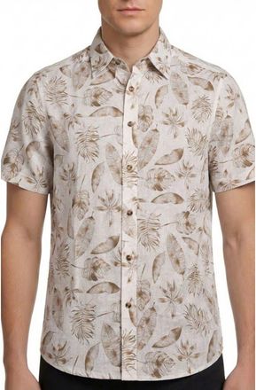 Report Collection Tropical Print Short Sleeve Linen & Cotton Button-Up Shirt in Beige at Nordstrom Rack, Size Xx-Large