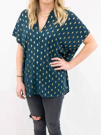 Adrienne V-Neck Top In Teal/gold