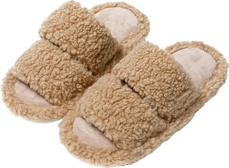 Generic Fuzzy Open Toe Slippers - Warm Cozy Lining Non Skid Slippers, Comfy Winter Home Footwear for Women and Girls, Brown, 1 M US