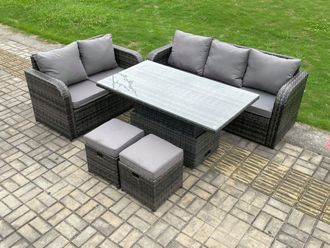 Fimous Outdoor Rattan Garden Furniture Sets Height Adjustable Rising lifting Dining Table Lounge Sofa Set With Love Sofa in Dark Grey