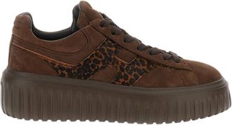 Hogan Dark Brown H-Stripes Suede Pony-Hair Sneakers