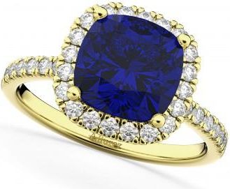 Allurez Cushion Cut Halo Lab Blue Sapphire & Lab Diamond Engagement Ring 14k Yellow Gold (3.11ct)