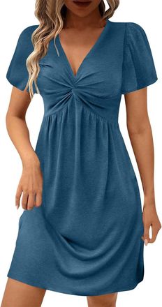 Generic Casual Dress for Women UK Sale Clearance V Neck Cotton T Shirt Dresses Front Twist Midi Dress Womens Summer Dresses Short Sleeve Tunic Dresses Beach V