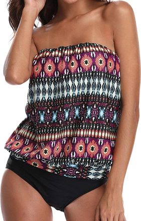 Generic 2 Piece Swimming Costume Women Tankini Sets for Women UK Bandeau Swimsuits with Detachable Straps Strapless Low Waist Swimwear Tummy Control Blouson T