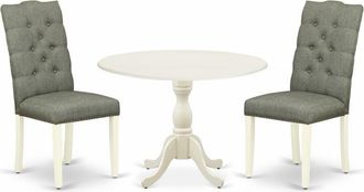 East West Furniture DMEL3-LWH-07 3 Piece Dining Room Set Consists of 1 Drop Leaves Dining Table and 2 Smoke Linen Fabric Parson Dining Chairs Button Tufted Back with Nail