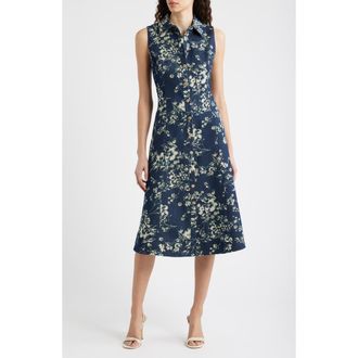 Elie Tahari The Gabby Floral Burnout Denim Midi Dress in Dark Denim at Nordstrom, Size 16