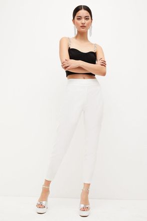 Karen Millen Womens Petite Essential Techno Woven Crop Trouser - White Cotton - Size 16 UK