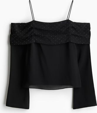 H&M Schulterfreies Chiffonshirt - Schwarz