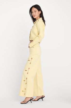 Good American Womens Good Waist Palazzo Ankle Embroidered Jeans | Flat Tummy Tech, Gap-Proof Waistband | Anise Yellow, Size 00 | Good America