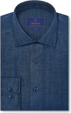 David Donahue Trim Fit Linen Herringbone Dress Shirt in Navy at Nordstrom, Size 18.5 - 34