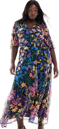 Hope & Ivy flutter sleeve maxi wrap dress with tie waist in purple multi