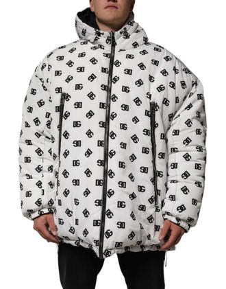 Dolce & Gabbana Mens White Dg Monogram Hooded Puffer Jacket Polyester Clothing