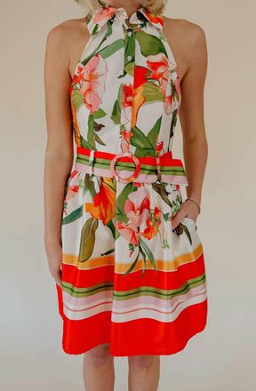 Lavender Brown Rayna Halter Belted Mini Dress In Red Floral Tones