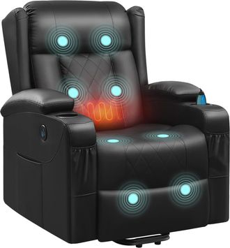 Woltu Woltu Sill&oacute;n Reclinable El&eacute;ctrico Con Masaje, Poliuretano, Con Elevador, Calefacci&oacute;n, Reposapi&eacute;s, Bolsillos Laterales, Puerto Usb Y Portavasos, Negro