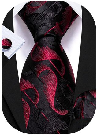 Barry.Wang Tie Set Red Black Necktie Mens Fashion Handkerchief Cufflinks Sets Formal Business Wedding