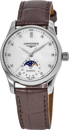 Longines Master Collection Automatic 34mm Mother of Pearl Diamond Dial Leather Strap Womens Watch L2.409.4.87.4