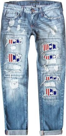 Generic Womens American Flag Print Ripped Jeans Low WAIS Stretchy Wide Leg Distressed Denim Trousers Plus Size Straight Leg Boyfriend Ripped Cut Out Denim Pan