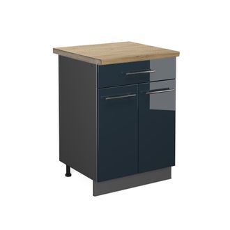 Vicco Mueble Bajo De Cocina Fame-line, Azul Oscuro Alto Brillo, 60 Cm Con Caj&oacute;n, Et Roble, Vicco
