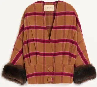 Valentino Caban In Macro Finestra Con Shearling Donna BISCOTTO/ROSSO CILIEGIA 36