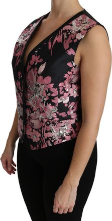 Dolce & Gabbana Womens Black Pink Floral Waistcoat Vest Blouse Top