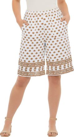 Roaman's Plus Size Linen Blend Pull On Elastic Waist Shorts in White Coneflower Border at Nordstrom, Size 20