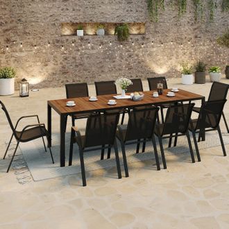 IDMarket Conjunto De Muebles De Jard&iacute;n Noumea Tablero De Cristal Templado Efecto Madera 240 Cm Y 10 Sillas Apilables De Color Negro Y Mad