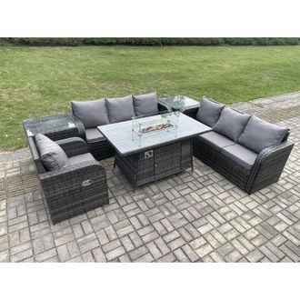 Fimous Rattan Outdoor Furniture Gas Fire Pit Rectangle Dining Table Gas Heater Reclining Chair 3 Seater Sofa Sets with 2 Side Tables 7 Seater - Fimous