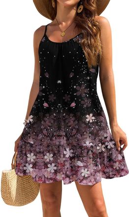 Generic Beach Dresses for Women UK, Womens Sundress Ladies Summer Spaghetti Strap Floral V Neck Backless A-Line Casual Beach Mini Dress Gifts for Her,Pink,S,u